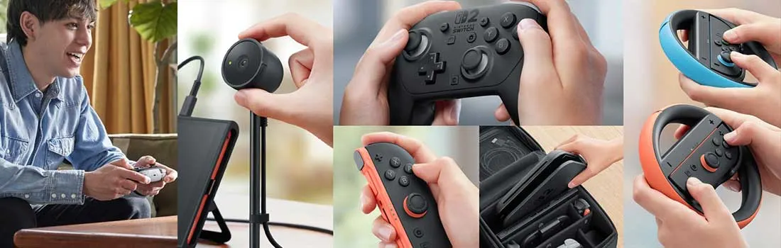 Gaming accessoire collectie: Switch controllers, oplaadstation, streaming standaard en oordopjes in een draagbare opbergkoffer.