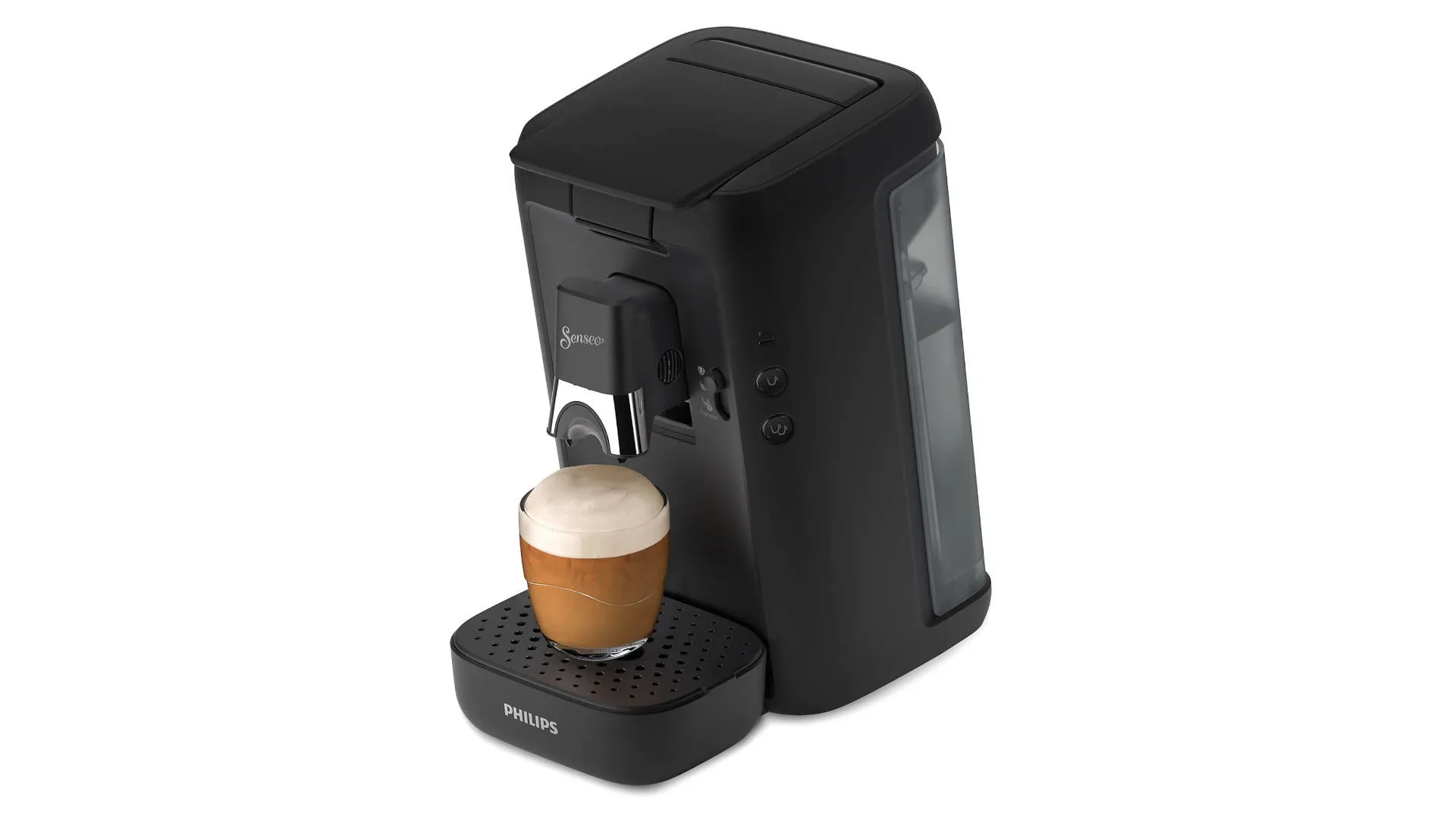Een zwarte Senseo-koffiemachine met een vol glas koffie op een witte achtergrond.
