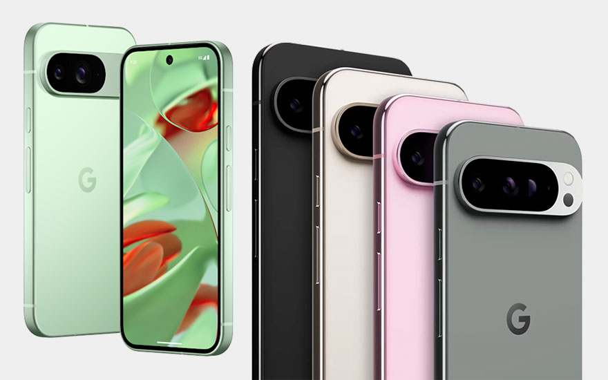 Google Pixel smartphones in verschillende kleuren: mintgroen, zwart, beige, roze en grijs. Moderne toestellen met opvallende camerasystemen.