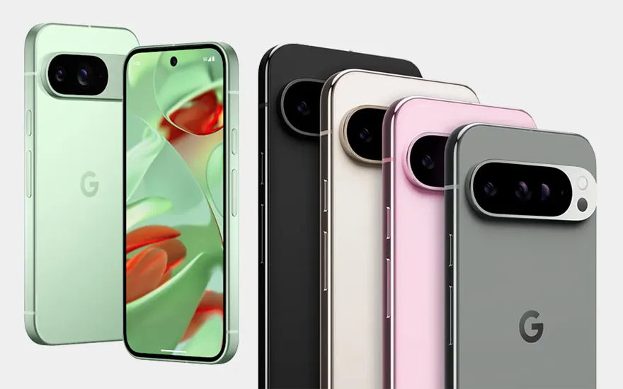 Google Pixel smartphones in verschillende kleuren: mintgroen, zwart, beige, roze en grijs. Moderne toestellen met opvallende camerasystemen.