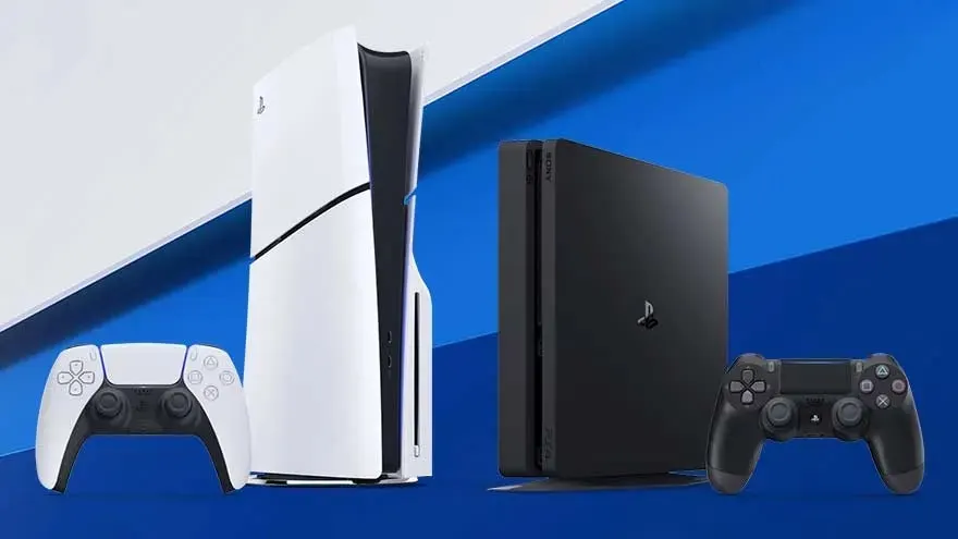 This picture shows a PlayStation 5 and PlayStation 4 console side by side, each with their respective controllers positioned in front.