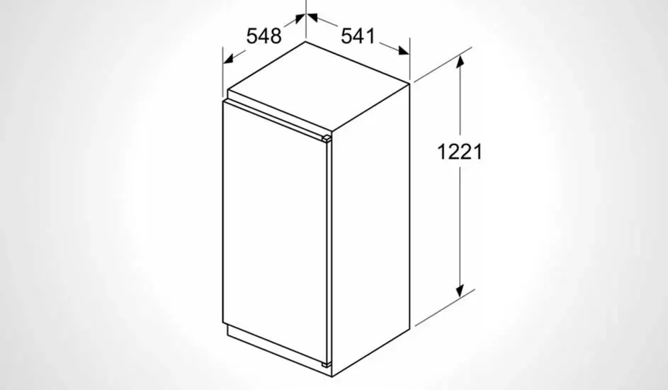 Technische tekening van een koelkast met één deur, toont afmetingen: 1221 mm hoog, 548 mm breed en 541 mm diep. Merk is onbekend.