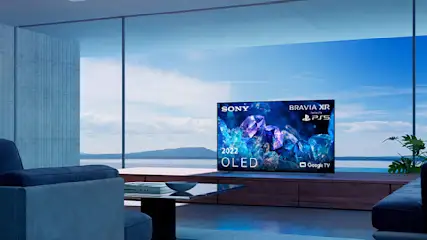 Woonkamer met blauwe banken, glazen tafel en een Sony OLED TV met 'Bravia XR' erop, tegen een achtergrond van blauwe lucht.