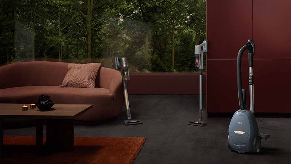 Een interieur met een bruine bank, houten tafel, en drie stofzuigers tegen een bosrijke achtergrond.