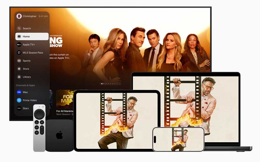 Apple TV content wordt getoond op tv, laptop, tablet en smartphone, met onderaan een compacte Apple decoder en een slanke afstandsbediening.