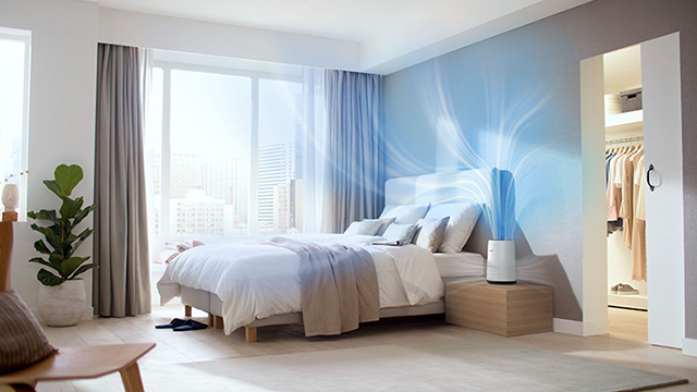 Slaapkamer met bed, blauwe accentmuur, gordijnen, houten stoel, plant en open kastdeur met kleding.