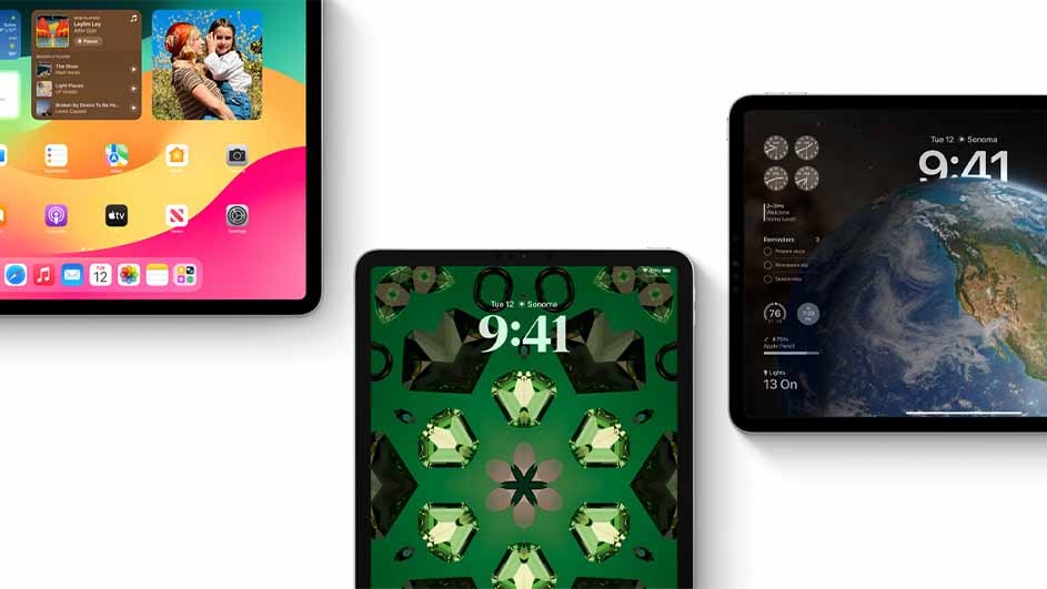 Three tablets display different screens. The first features a colorful home screen. The second shows a green gemstone pattern. The third displays an earth image.
