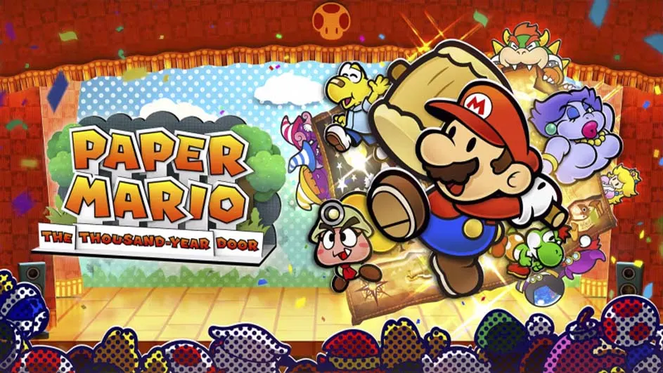 'Paper Mario: The Thousand-Year Door' toont Mario met een hamer, omringd door kleurrijke personages op een podium.