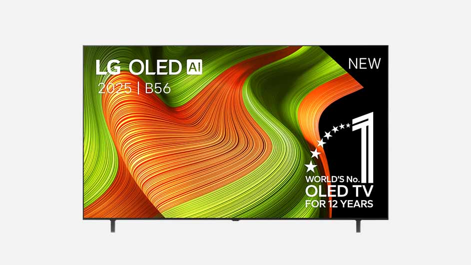 LG OLED-televisie met een groen en oranje abstract patroon op het scherm, gezien van voren.