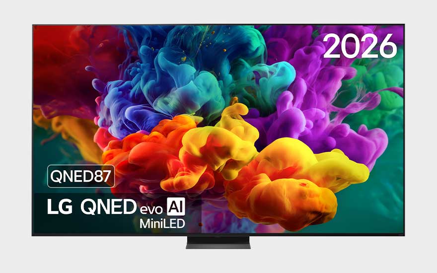 Een LG QNED evo AI MiniLED-tv toont wolken van gekleurde inkt, met krachtige tinten en een strak modern ontwerp.