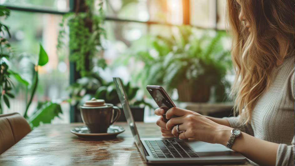 Een vrouw zit aan een tafel met een laptop en een telefoon in haar handen, naast een kopje. Op de achtergrond zijn planten zichtbaar.