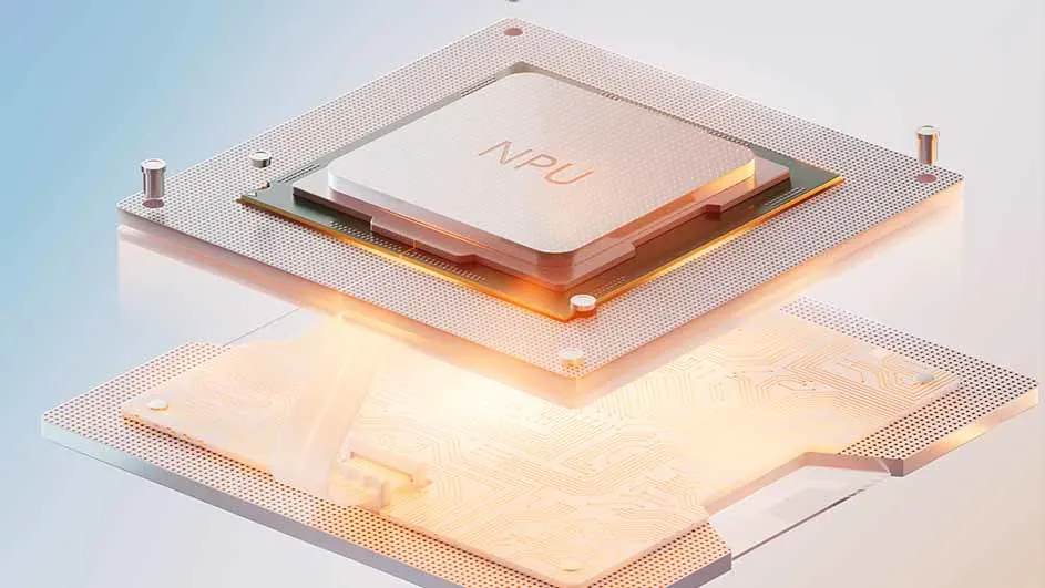 Een close-up van een NPU-chip met een metalen oppervlak en kleine schroeven op een doorboorde metalen plaat.