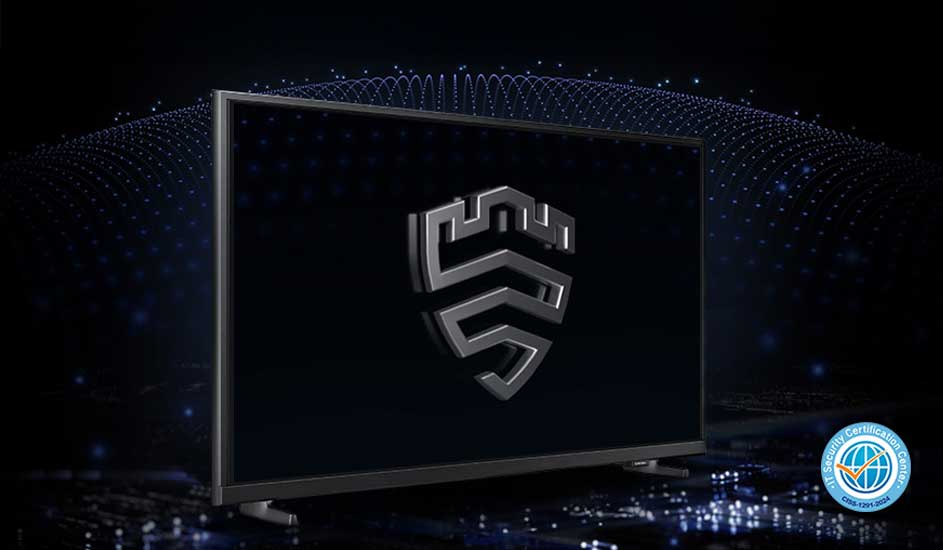 Zwarte tv op donkere hightech achtergrond, op het scherm een glanzend schild‑logo dat digitale beveiliging en bescherming symboliseert.