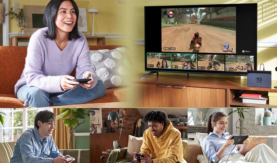 Mensen gamen samen op een Nintendo Switch-console, terwijl op de tv het spel Mario Kart wordt gespeeld. Het merk Nintendo is duidelijk zichtbaar.