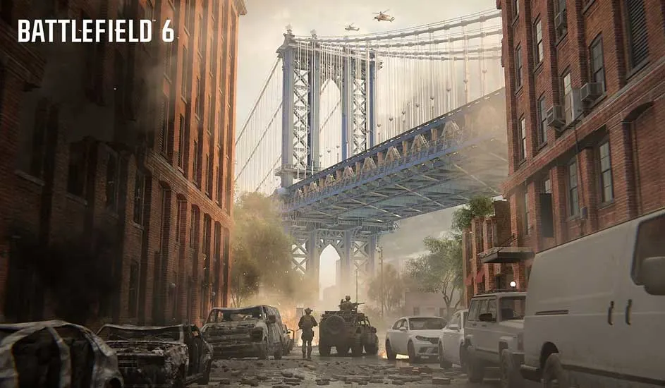 Twee soldaten en een pantservoertuig rijden door een verwoeste stad onder een grote brug, met brandende auto's en rook. Merk: Battlefield 6.