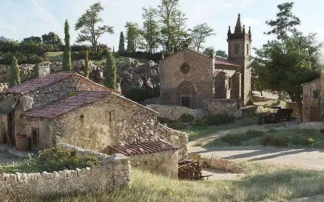 Rustiek mediterraan dorp met stenen huizen, rode dakpannen, een oude kerk met klokkentoren en groene heuvels onder een heldere hemel.
