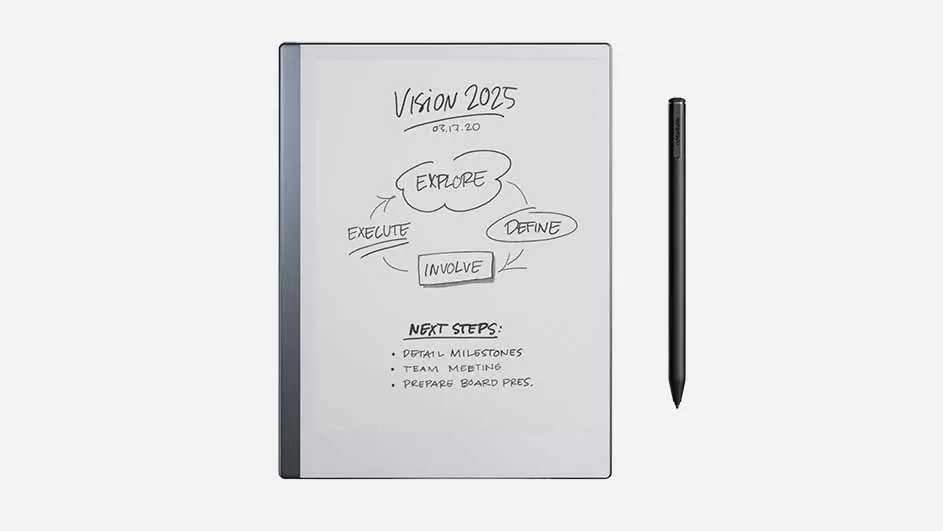 Een digitaal notitieblok met de tekst 'Vision 2025' en een stroomdiagram met 'Explore', 'Execute', 'Define' en 'Involve', met een zwarte pen ernaast.