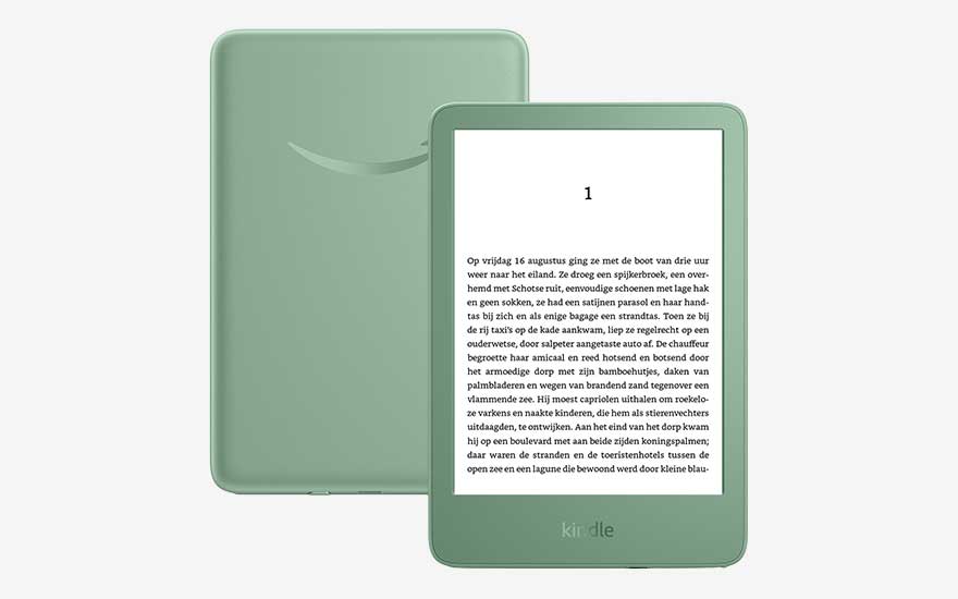 A green Kindle e-reader is shown from the front and back, with a page of Dutch text clearly displayed on screen.