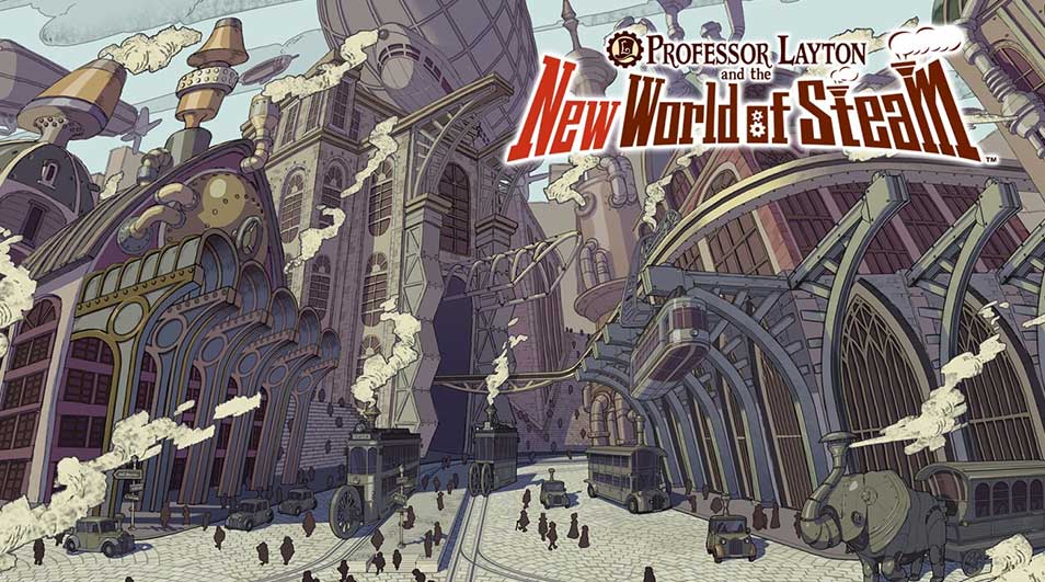 Een uitgestrekte stoomstad met hoge hallen, luchtschepen en rokende schoorstenen toont een druk plein vol mensen en voertuigen.