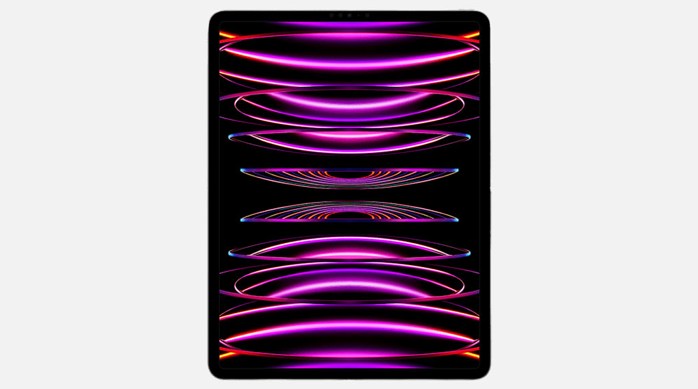 Een zwarte tablet met een scherm dat horizontale, paarse lijnen in verschillende vormen weergeeft.