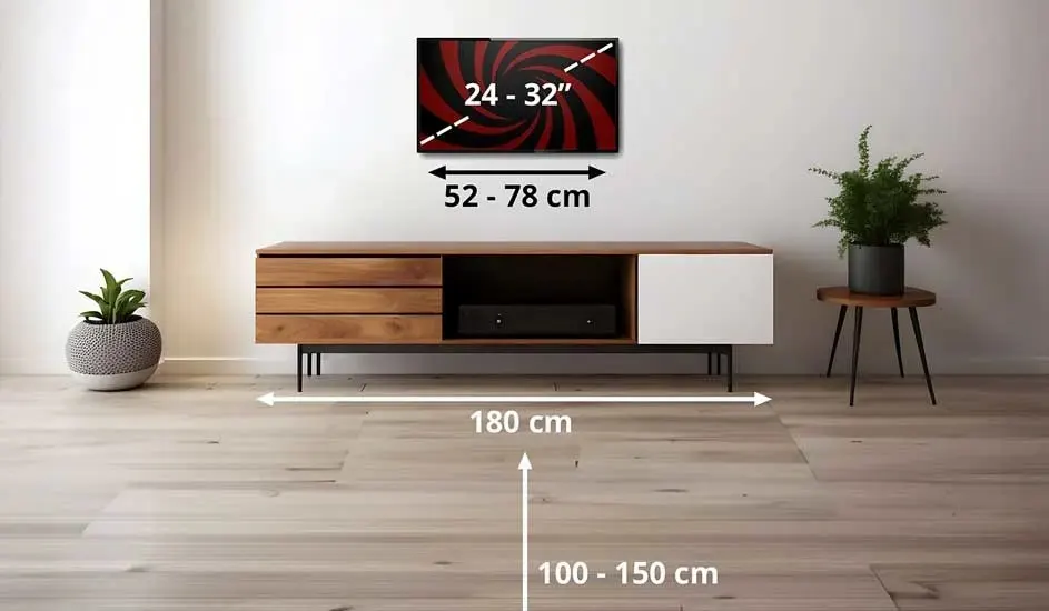 A modern TV unit with plants, a TV on the wall (24-32 inch), and clear dimensions of furniture and viewing distance are indicated