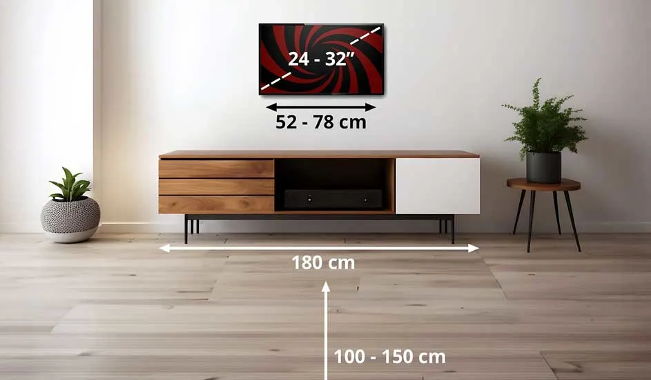 Een modern tv-meubel met planten, een tv aan de muur (24-32 inch), en duidelijke afmetingen van meubels en kijkafstand staan aangegeven.