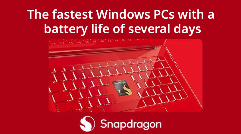 Red Snapdragon promotion with a laptop keyboard and English text about fast Windows PCs with long battery life.