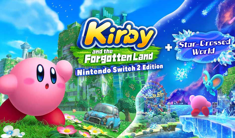 Een vrolijke, roze Kirby verkent een verlaten groene stad en een ijzige wereld vol sterren. Merk: Kirby and the Forgotten Land.