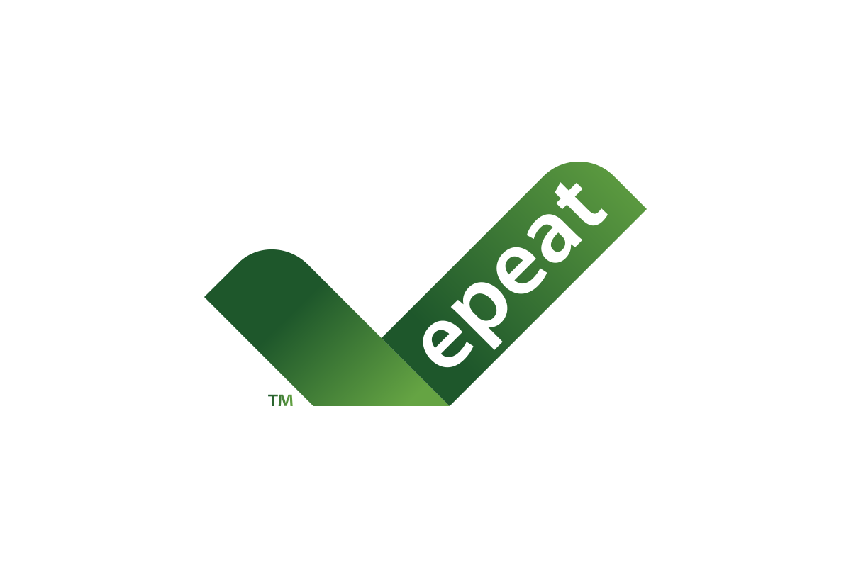 Het logo bevat een groene vink met het woord "epeat" eroverheen, diagonaal geplaatst op een witte achtergrond.