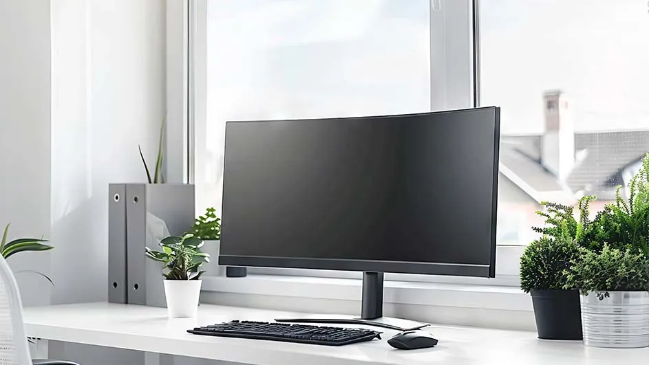 Een bureau met een zwart computerscherm, toetsenbord en muis voor een raam. Er staan planten en grijze mappen op het witte bureau.