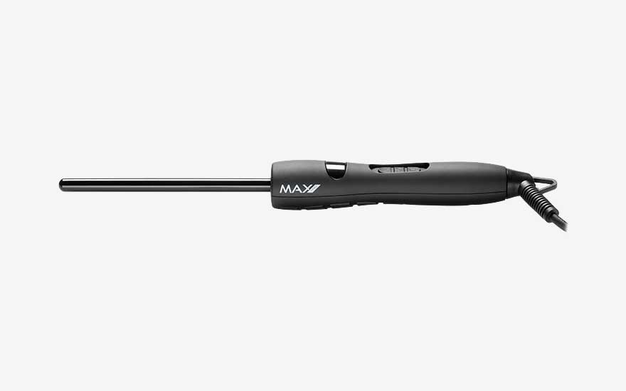 Slim black Max curling wand with an extra thin barrel lies straight on a light surface, perfect for creating tight curls and playful spiral textures.