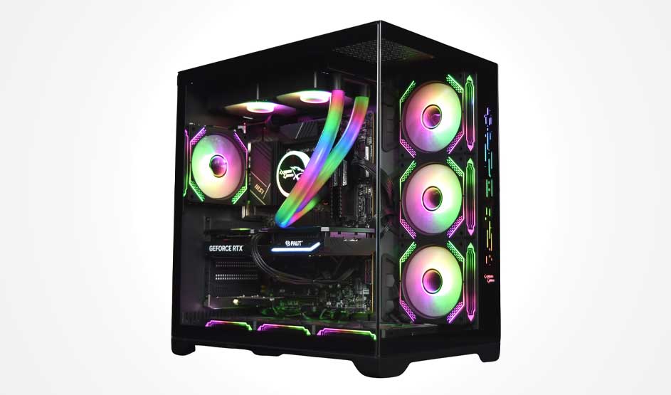Black gaming PC with glass side panel, RGB-lit hardware and curved liquid tubes, plus several bright fans along front and bottom.