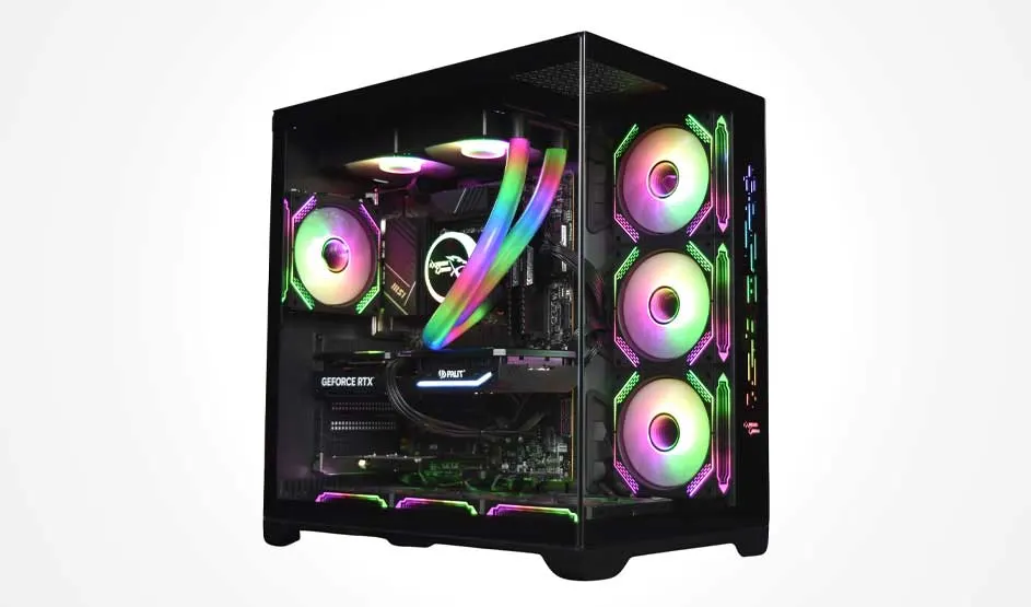 Black gaming PC with glass side panel, RGB-lit hardware and curved liquid tubes, plus several bright fans along front and bottom.
