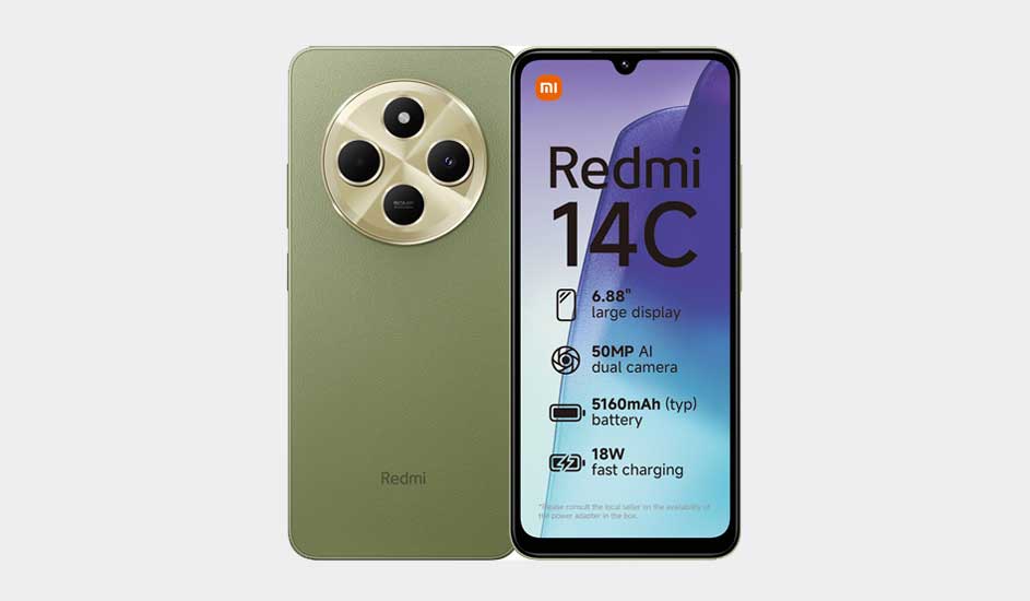 Een groene Xiaomi Redmi 14C-smartphone met groot display, ronde cameramodule en specificaties op het scherm, zoals 50MP dual camera.