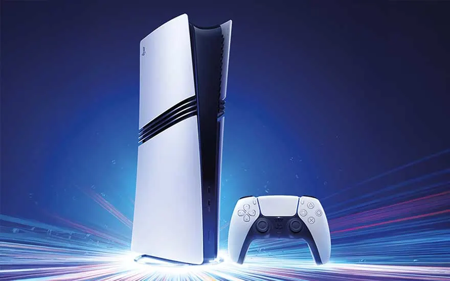 The PlayStation 5 stands upright with its white controller in front, surrounded by striking beams of light evoking speed.