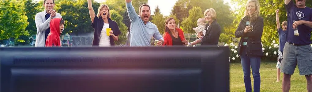 A group cheers outdoors, watching a dark screen. People in the background wear casual clothing and hold drinks. Green grass is visible.