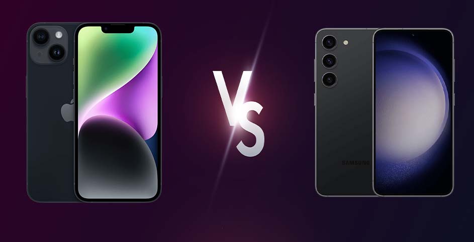 Twee telefoons, een iPhone en een Samsung, staan tegenover elkaar met een "Vs"-teken ertussen op een donkerpaarse achtergrond.