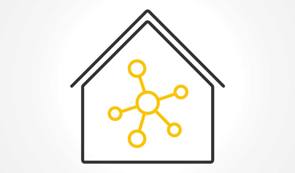 Een eenvoudige zwart omlijnde huisvorm op een witte achtergrond, met binnenin een geel netwerkicoon met knooppunten en lijnen.