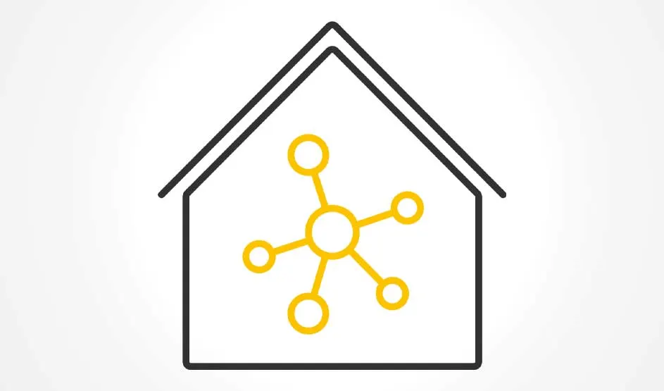Een eenvoudige zwart omlijnde huisvorm op een witte achtergrond, met binnenin een geel netwerkicoon met knooppunten en lijnen.
