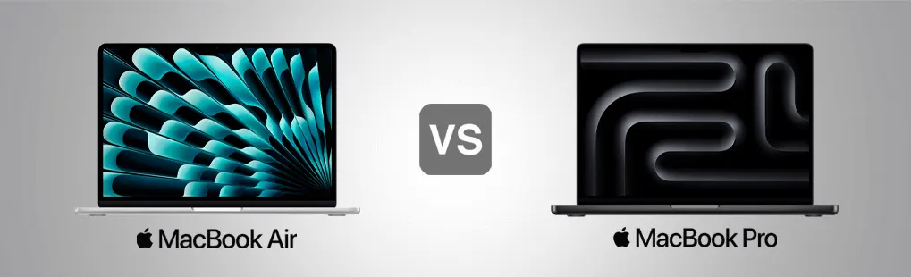 Twee Apple-laptops naast elkaar: links MacBook Air met blauwgroen patroon, rechts MacBook Pro met donker patroon, met “VS” ertussen.