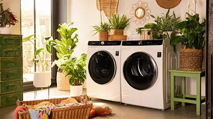 Wasmachines staan in een kamer met planten, een rieten mand met wasgoed en een groen kastje.