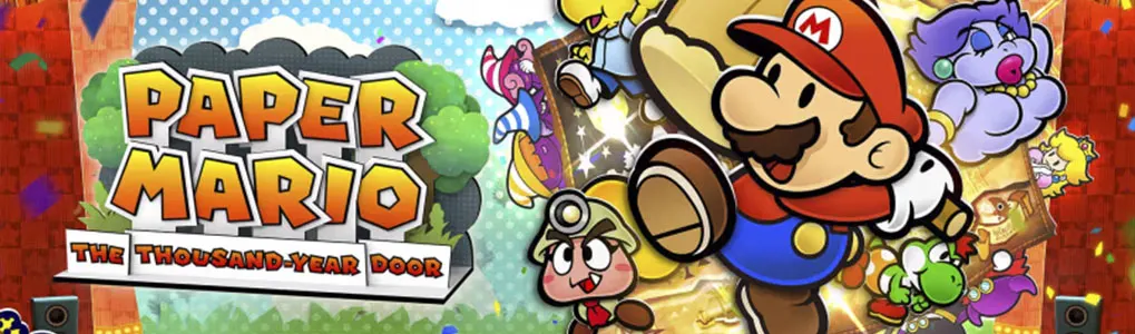 De afbeelding toont de titel van het videospel Paper Mario: The Thousand-Year Door, met Mario en verschillende personages.