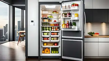 Open koelkast vol met diverse etenswaren, zoals groenten, fruit en drankjes, in een moderne keuken met een groot raam.