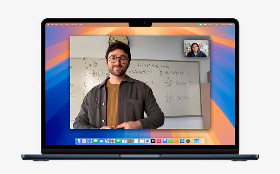 On a laptop you see a video call: a man in front of a whiteboard full of equations, with a small second caller at top right.