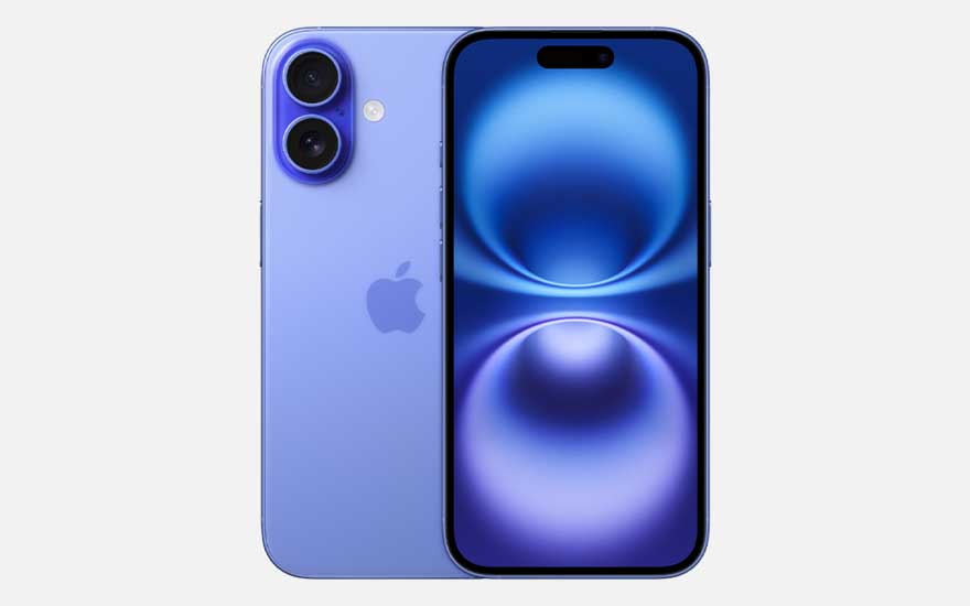 The purple-blue iPhone 16 is on show, with a stunning front display and two neatly aligned cameras visible on the sleek back