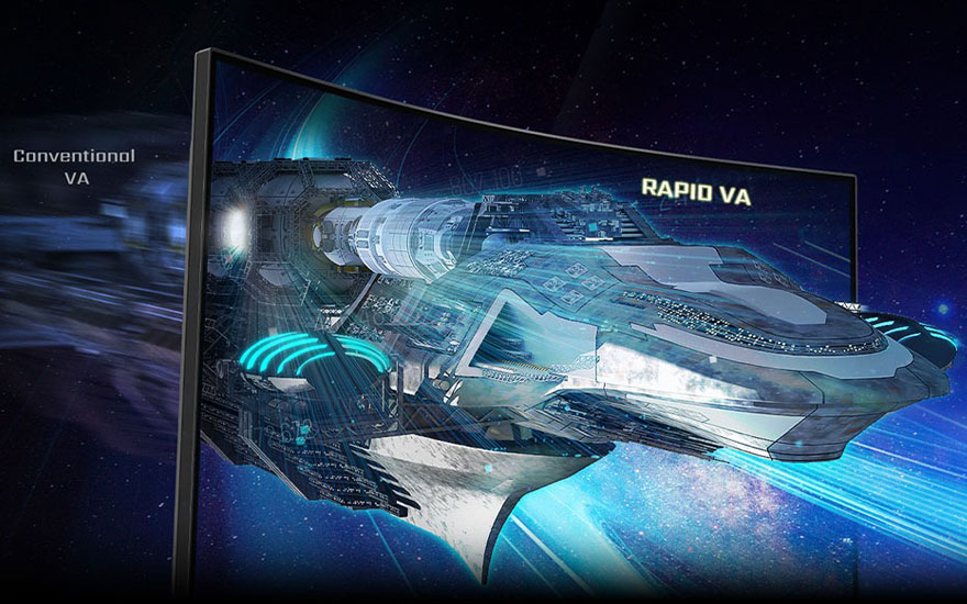 Een gaming monitor toont een futuristische ruimtescène met een blauw ruimteschip en "RAPID VA" technologie tegen een sterrenhemel. 