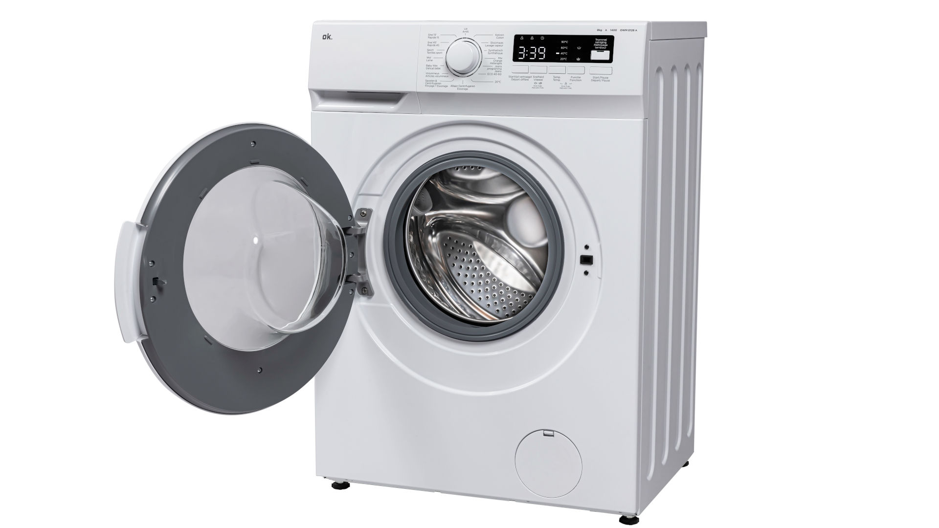 Witte wasmachine met open deur, grijze deurrand en digitaal display. De trommel is van metaal.