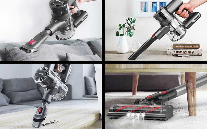 Een draadloze steelstofzuiger met diverse opzetstukken reinigt meubels, kieren, tafels en vloeren, veelzijdig en praktisch.