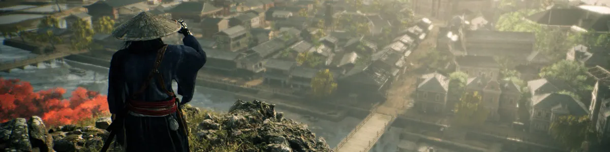 Een samoerai met een strohoed staat op een rots en kijkt uit over een Japans stadje met kanalen, boten en een haven; in de verte liggen heuvels en een besneeuwde berg in zacht ochtendlicht.