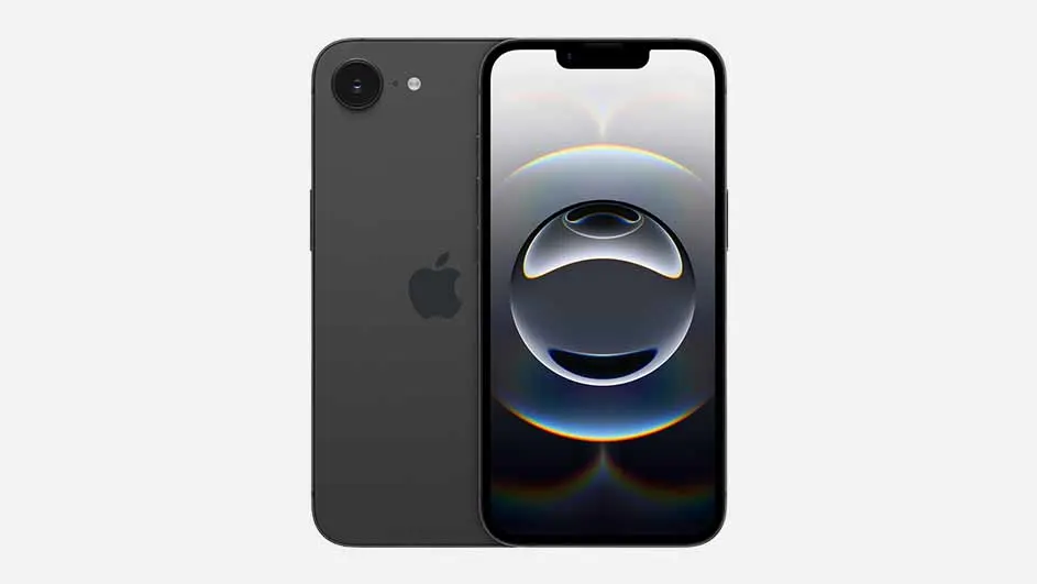 Twee zwarte iPhones staan op een witte achtergrond. Een toont het Apple logo en de andere een bolvormig scherm.